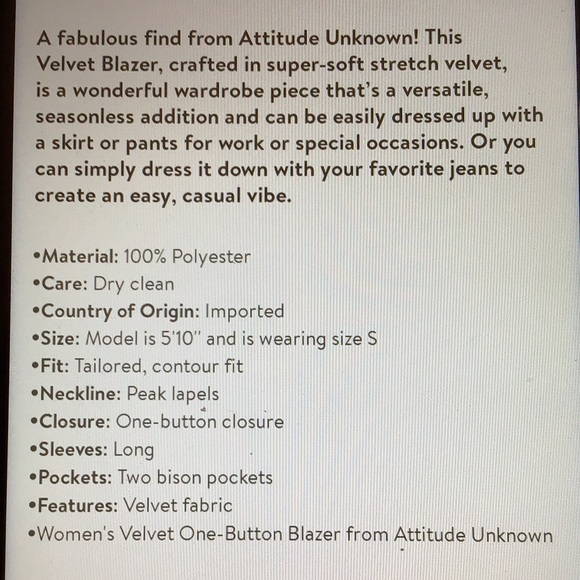 🆕 ON SALE NWT Women’s Velvet One Button Blazer - Picture 6 of 11